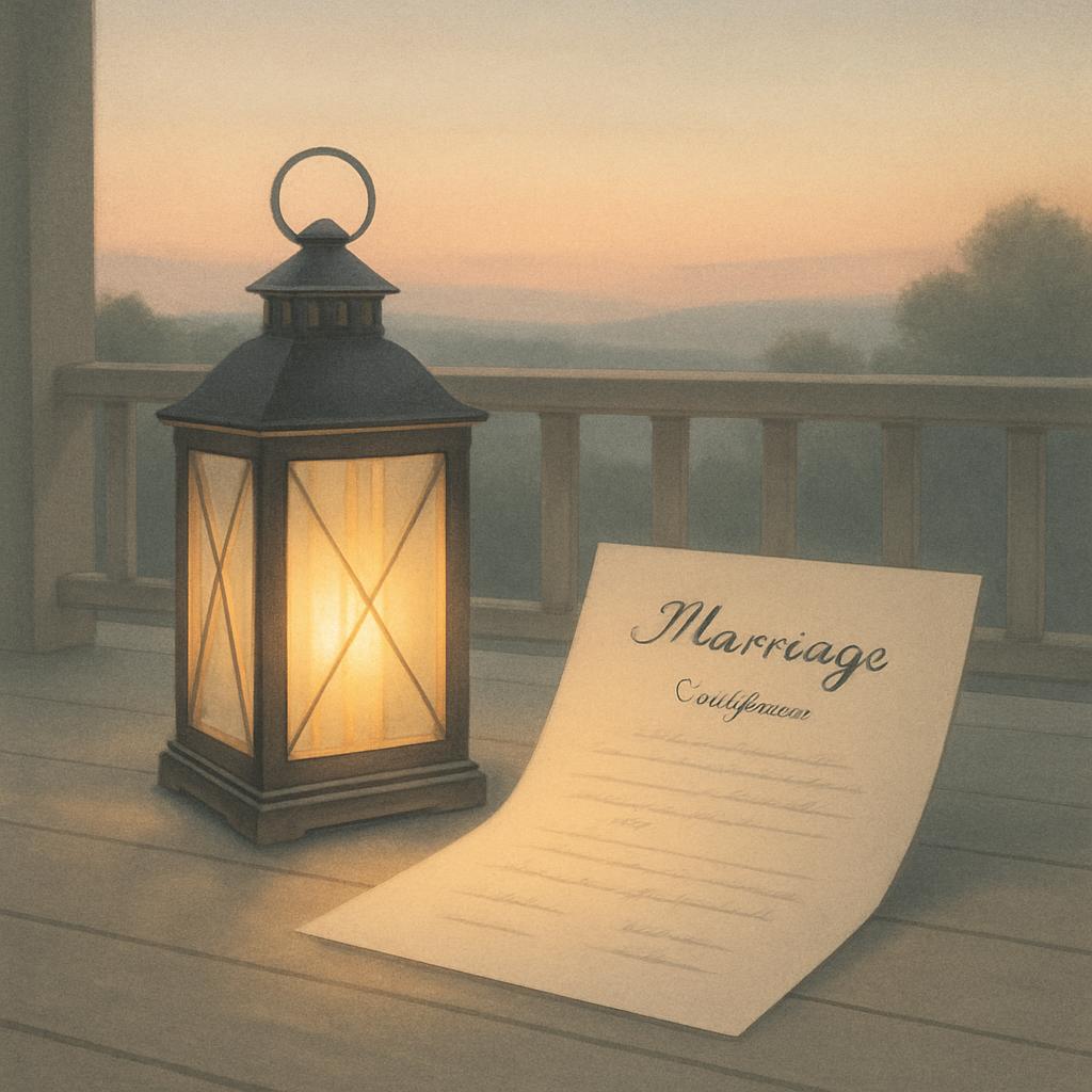 A piece of paper with the word "Marriage" and a lamp on a porch.